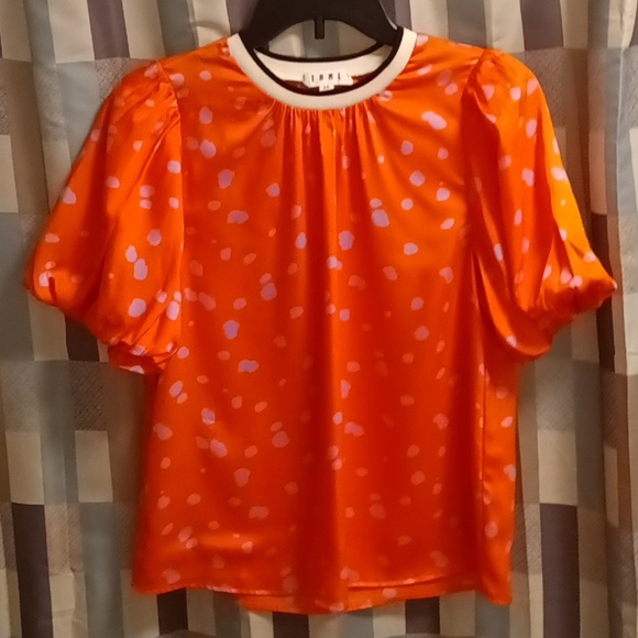 THML polyester orange/lavender splotched blouse w puffer sleeves/crewneck XS - Picture 2 of 11